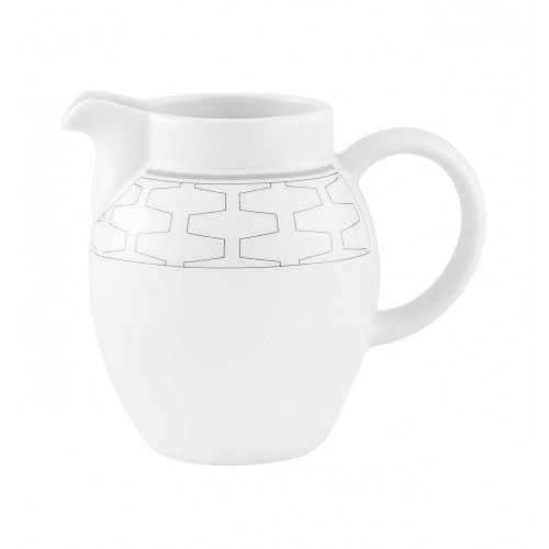 Gray porcelain milk jug holding 11 ounces, banded with a repeating geometric pattern.