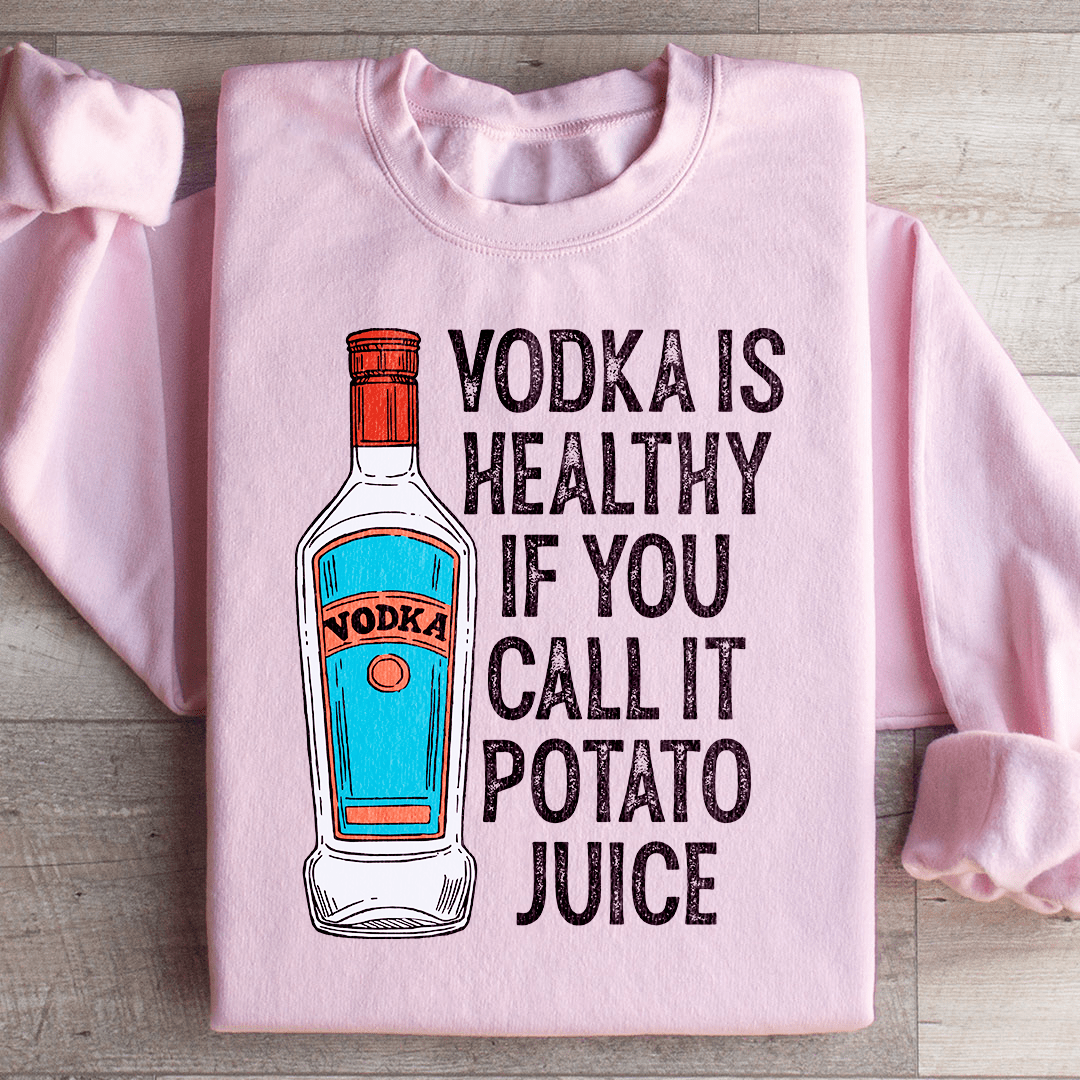 Light pink cotton-poly sweatshirt with a potato juice vodka graphic printed across the chest.