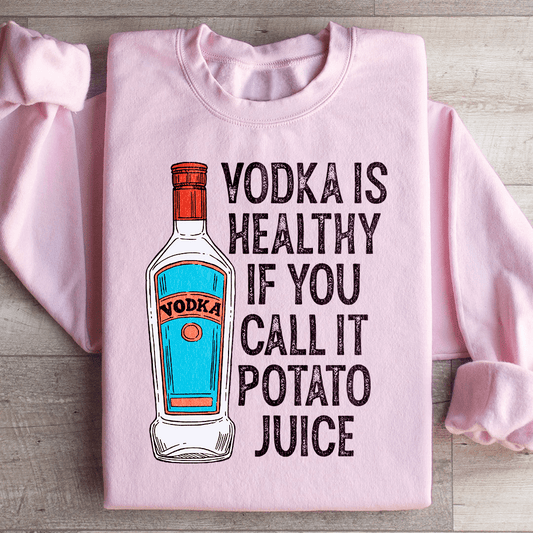 Light pink cotton-poly sweatshirt with a potato juice vodka graphic printed across the chest.