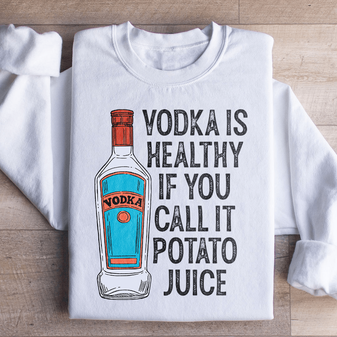White cotton-poly sweatshirt with a potato juice vodka graphic printed on the front.
