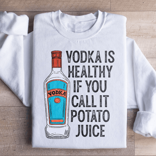 White cotton-poly sweatshirt with a potato juice vodka graphic printed on the front.