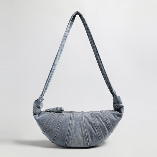 Washed Denim Croissant Shoulder Bag – Pleated Crescent Hobo with Knotted Strap Detail-0