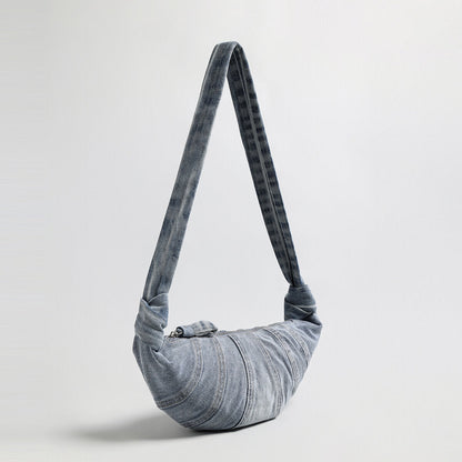 Washed Denim Croissant Shoulder Bag – Pleated Crescent Hobo with Knotted Strap Detail-1