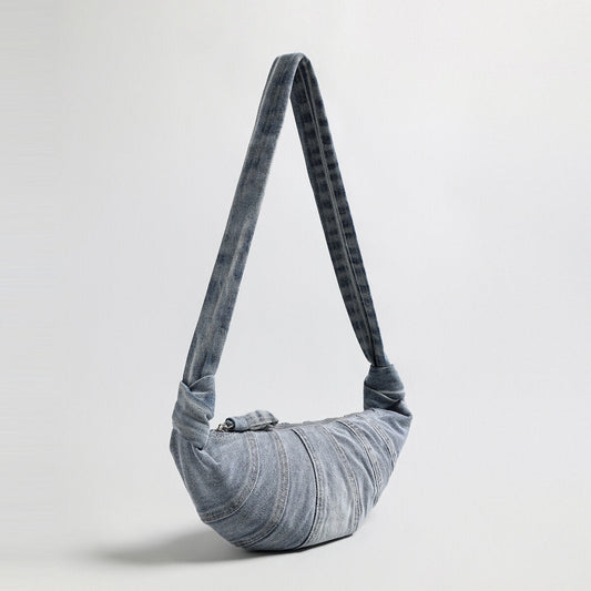 Washed Denim Croissant Shoulder Bag – Pleated Crescent Hobo with Knotted Strap Detail-1