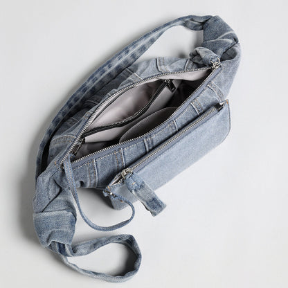 Washed Denim Croissant Shoulder Bag – Pleated Crescent Hobo with Knotted Strap Detail-2