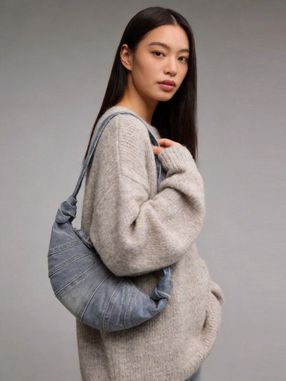 Washed Denim Croissant Shoulder Bag – Pleated Crescent Hobo with Knotted Strap Detail-4