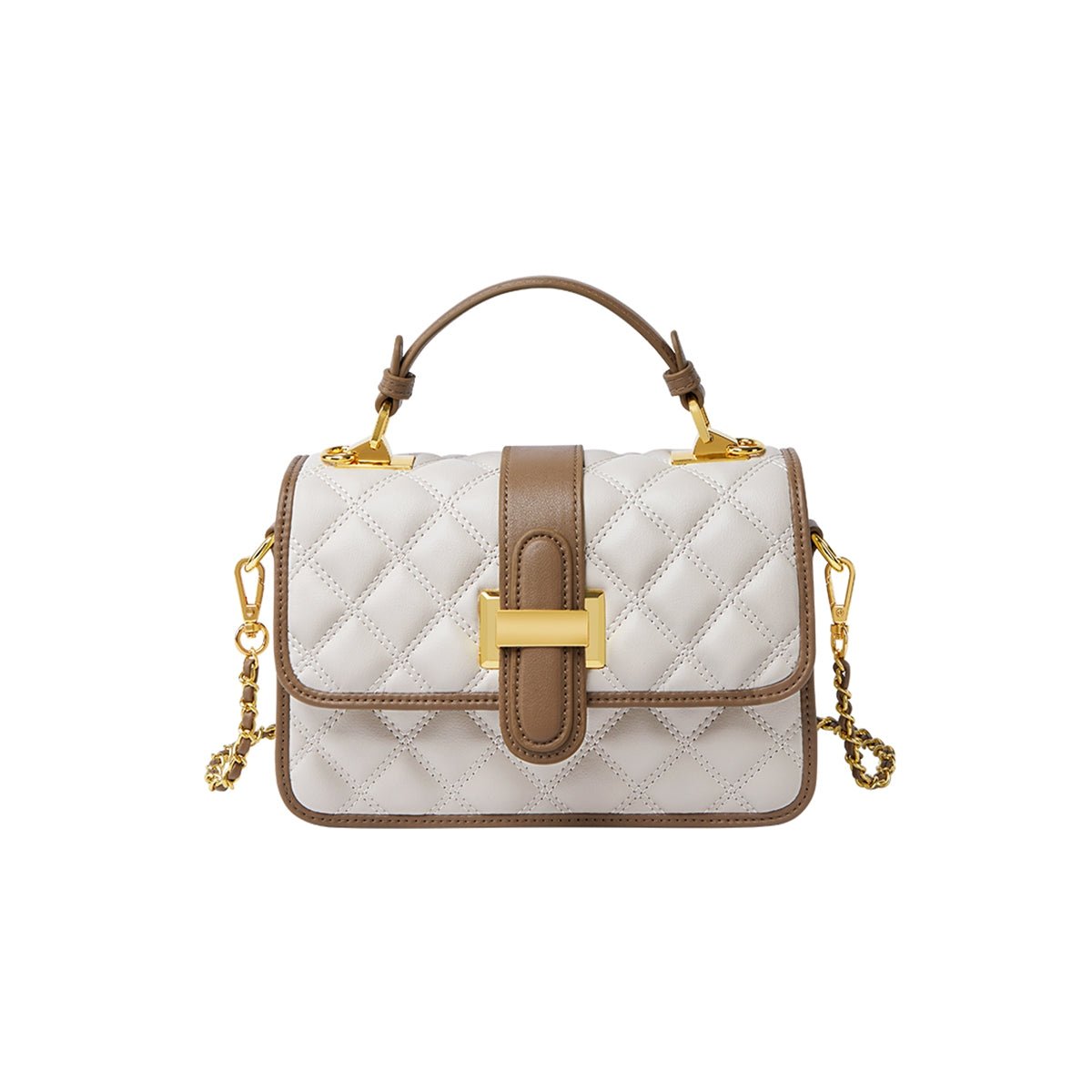 White Quilted Leather Satchel Bag with Gold Chain Strap-0