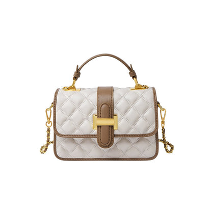 White Quilted Leather Satchel Bag with Gold Chain Strap-0