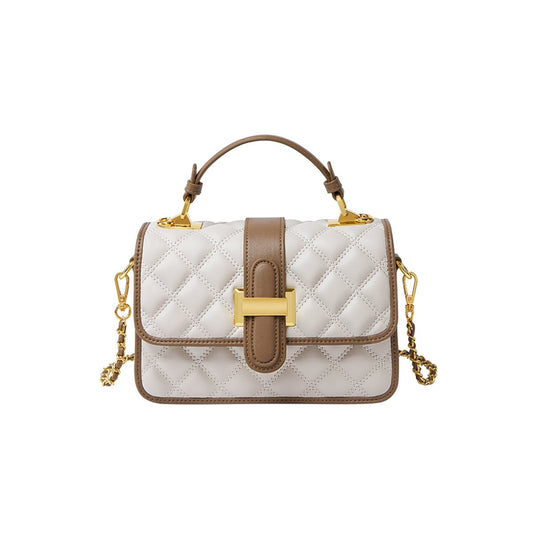 White Quilted Leather Satchel Bag with Gold Chain Strap-0