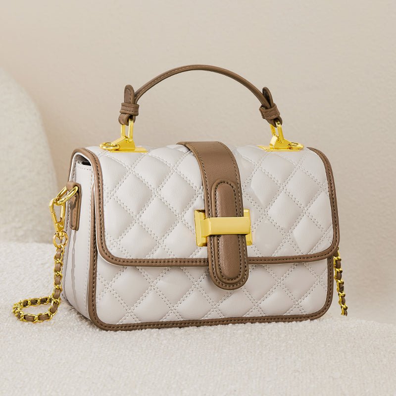 White Quilted Leather Satchel Bag with Gold Chain Strap-1