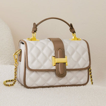 White Quilted Leather Satchel Bag with Gold Chain Strap-1