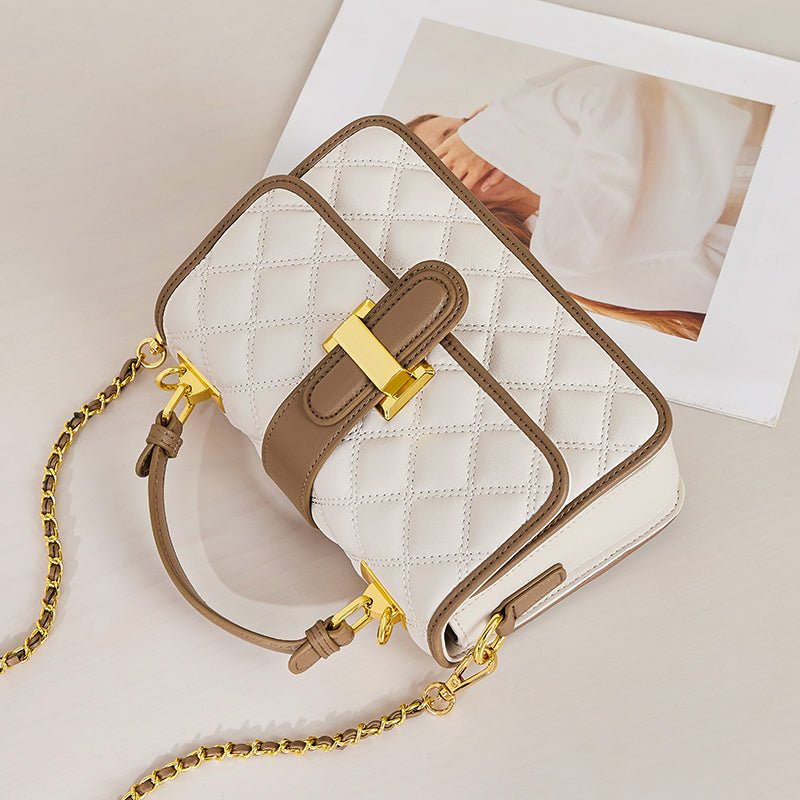 White Quilted Leather Satchel Bag with Gold Chain Strap-2