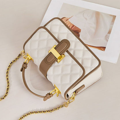 White Quilted Leather Satchel Bag with Gold Chain Strap-2