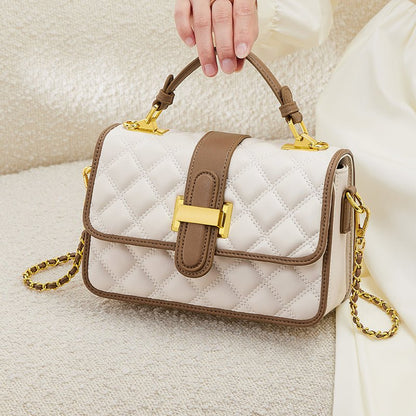 White Quilted Leather Satchel Bag with Gold Chain Strap-3