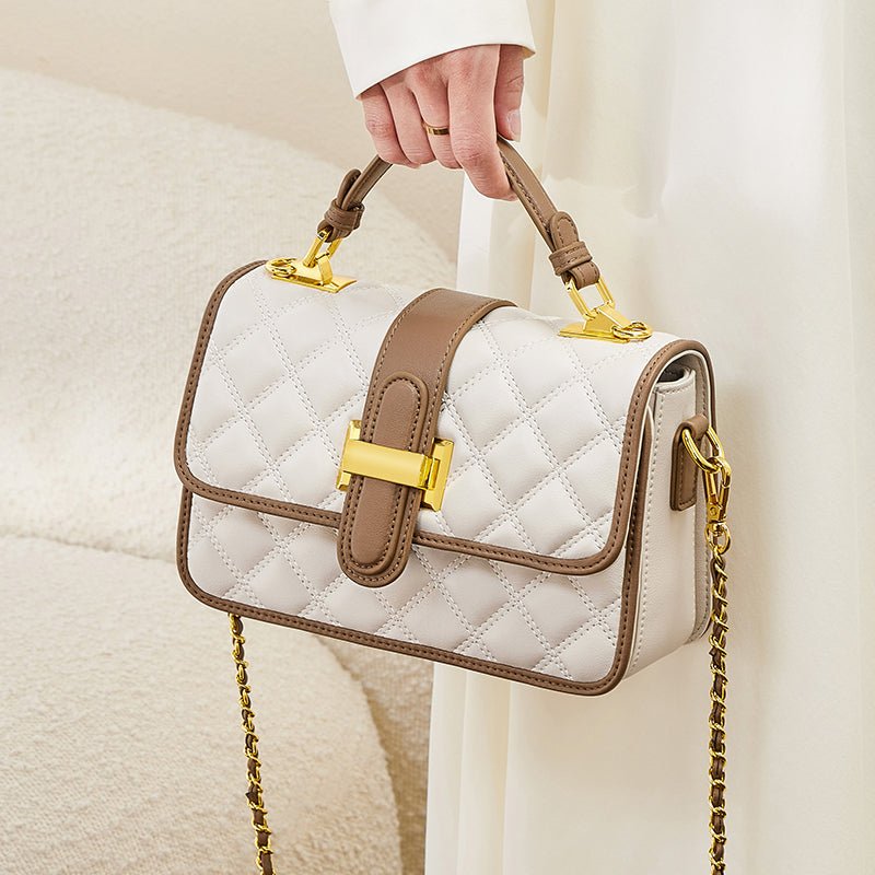 White Quilted Leather Satchel Bag with Gold Chain Strap-4