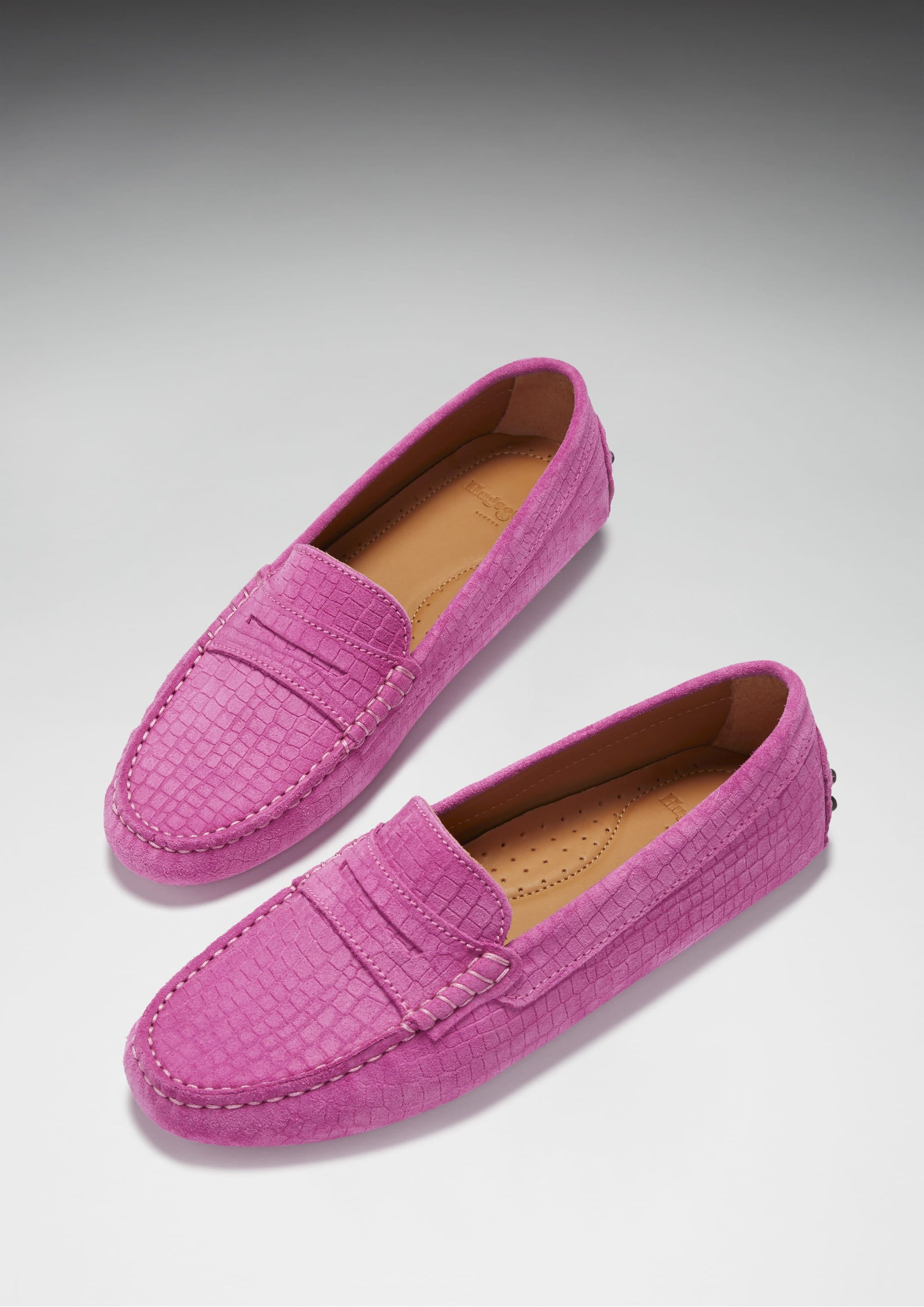 Women's Penny Driving Loafers, pink embossed suede-1