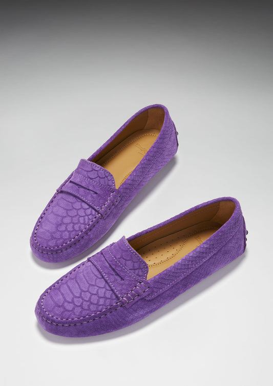 Women's Penny Driving Loafers, purple embossed suede-1