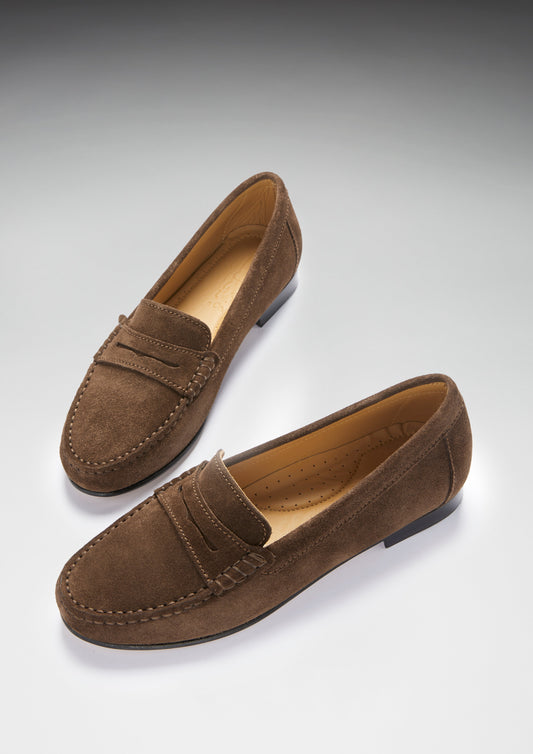 Women's Penny Loafers Leather Sole, brown suede-1