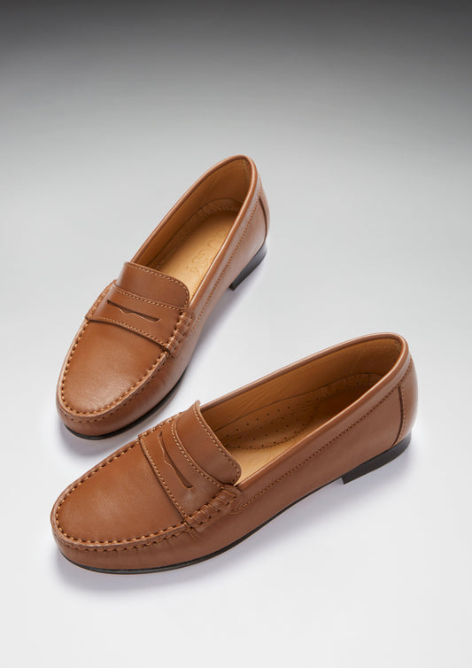 Women's Penny Loafers Leather Sole, tan leather-1