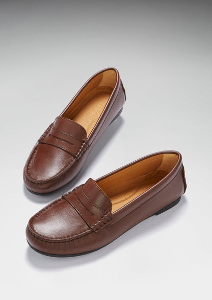 Women's Penny Driving Loafers Full Rubber Sole, brown leather-2