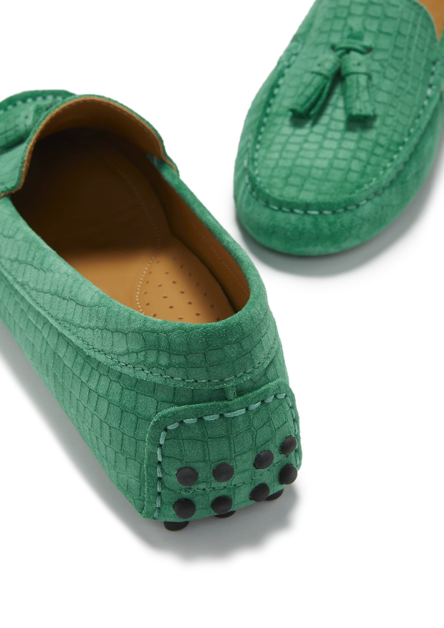 Women's Tasselled Driving Loafers, emerald embossed suede-4