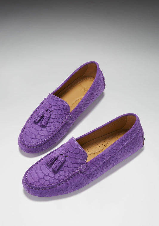 Women's Tasselled Driving Loafers, purple embossed suede-1
