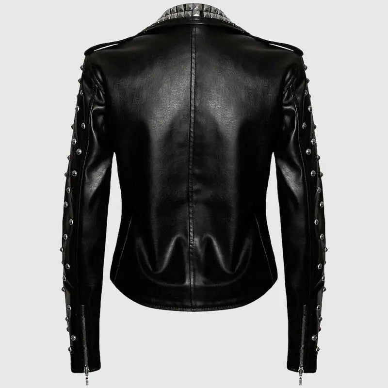 Womens Black Studded Brando Leather Jacket-1