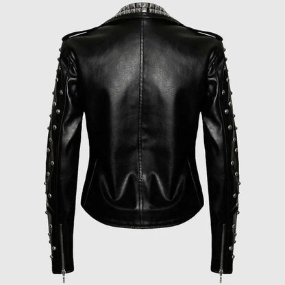 Womens Black Studded Brando Leather Jacket-1