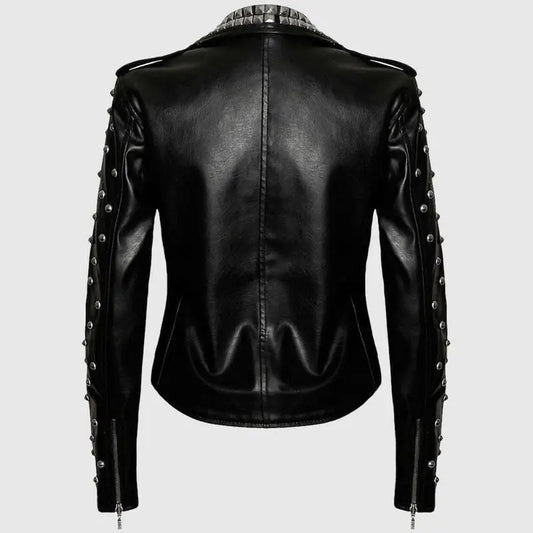 Womens Black Studded Brando Leather Jacket-1