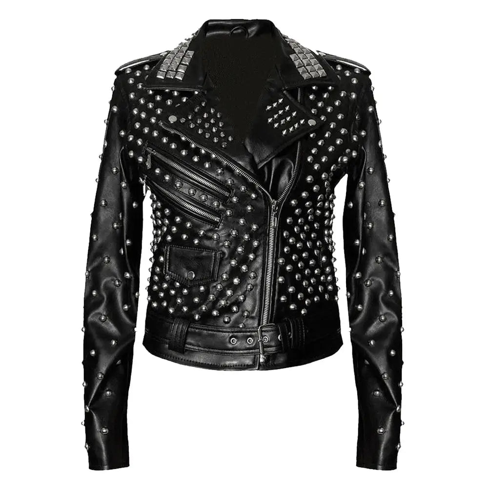 Womens Black Studded Brando Leather Jacket-0
