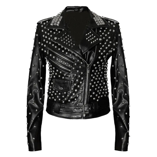 Womens Black Studded Brando Leather Jacket-0