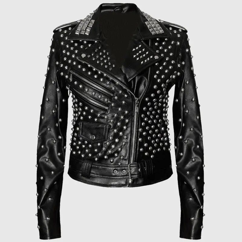 Womens Black Studded Brando Leather Jacket-2