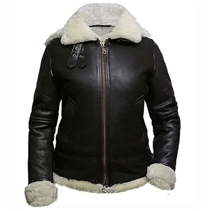 Womens Black Leather B3 Bomber Aviator Jacket-1