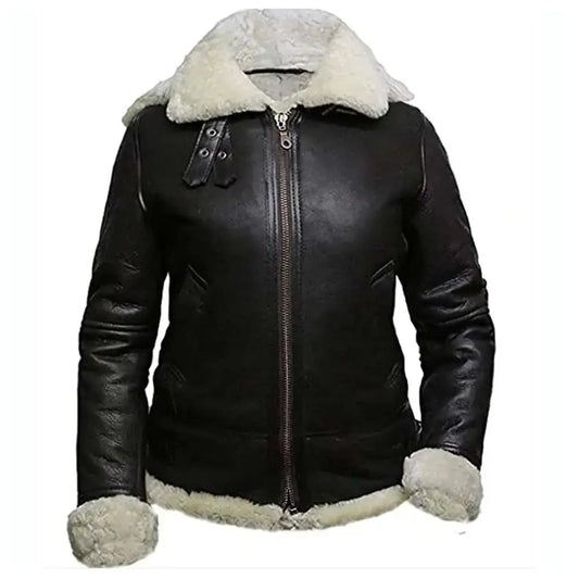 Womens Black Leather B3 Bomber Aviator Jacket-1