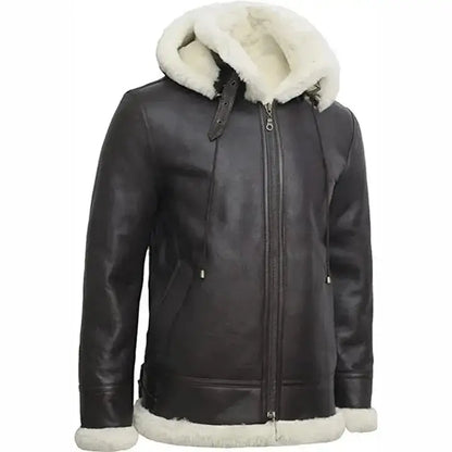 Womens B3 Flight Black Aviator Shearling Leather Jacket with Hood-2