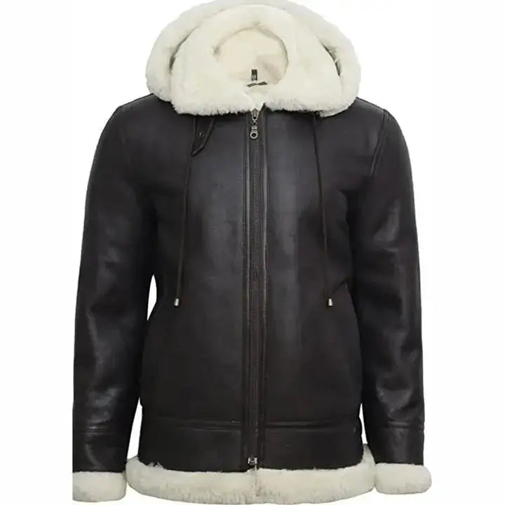 Womens B3 Flight Black Aviator Shearling Leather Jacket with Hood-0