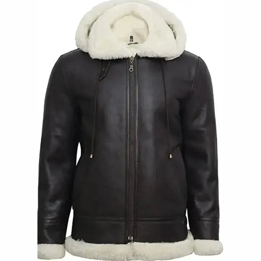 Womens B3 Flight Black Aviator Shearling Leather Jacket with Hood-0
