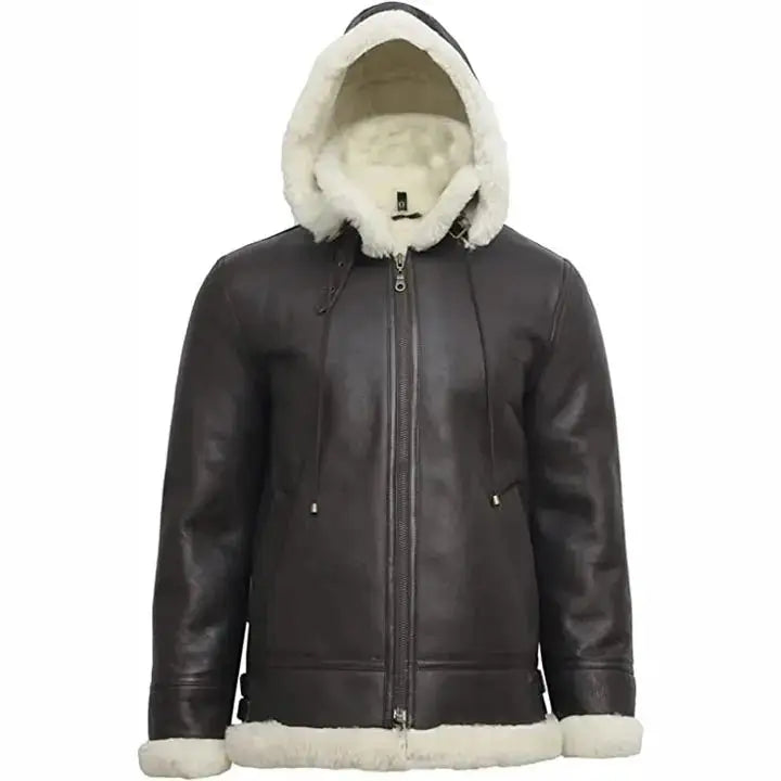 Womens B3 Flight Black Aviator Shearling Leather Jacket with Hood-1