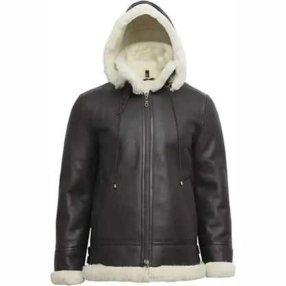 Womens B3 Flight Black Aviator Shearling Leather Jacket with Hood-1