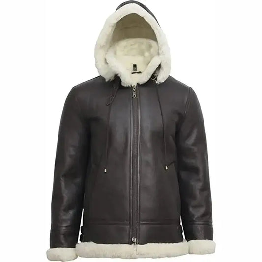Womens B3 Flight Black Aviator Shearling Leather Jacket with Hood-1