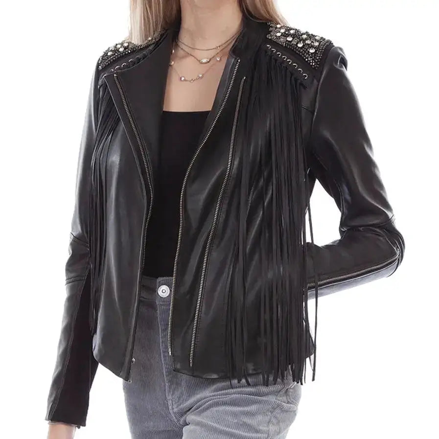 Women's Black Lamb Leather Fringe Studded Jacket-0