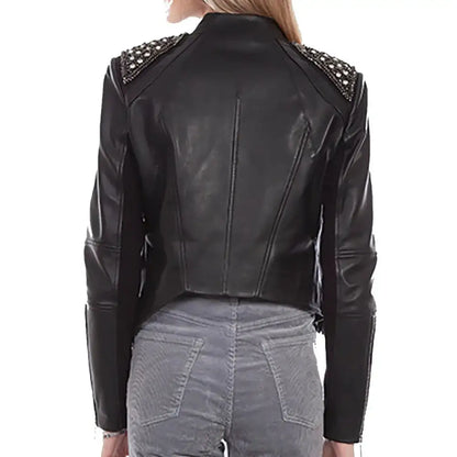 Women's Black Lamb Leather Fringe Studded Jacket-1