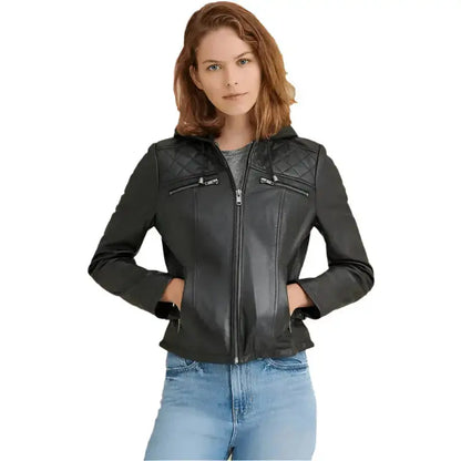 Women's Black Leather Hooded Biker Jacket-0