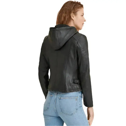 Women's Black Leather Hooded Biker Jacket-1