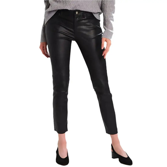 Women's Black Leather Skinny Jeans-0