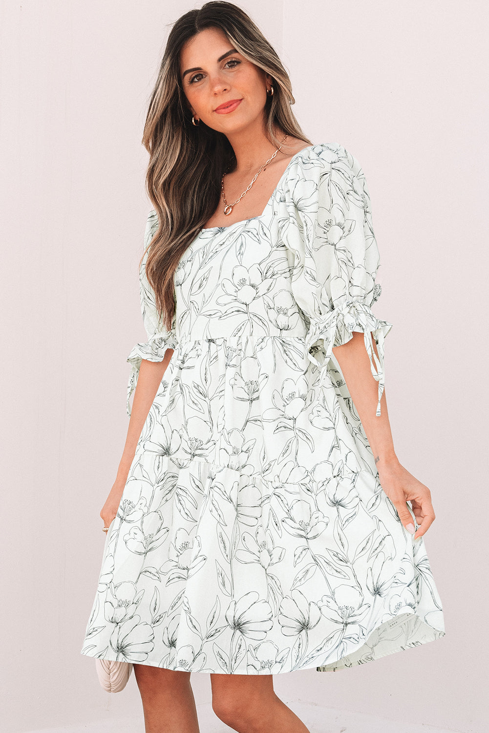 Ivory botanical print dress, front view