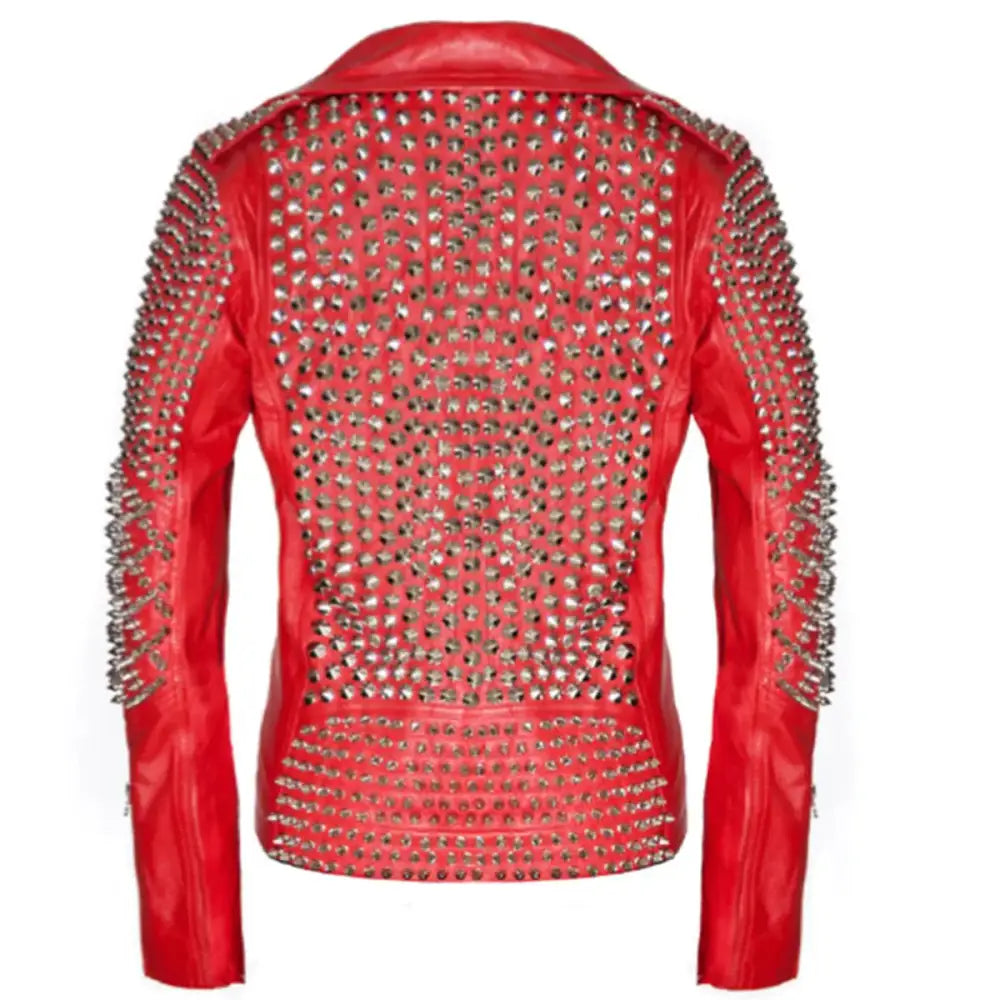 Women's Red Studded Brando Leather Biker Jacket-1