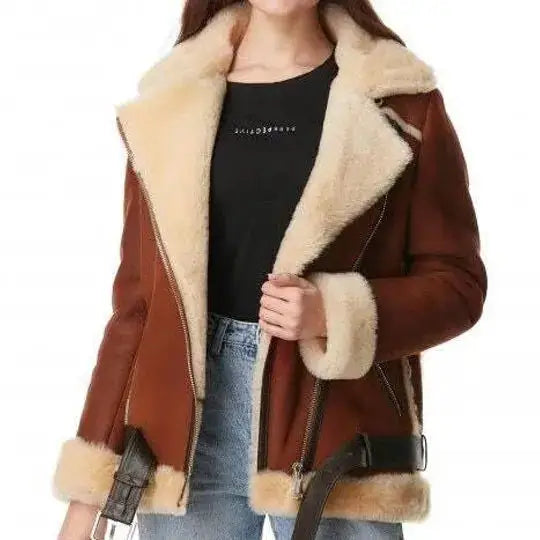 Womens Brown B3 Bomber Leather Jacket-0