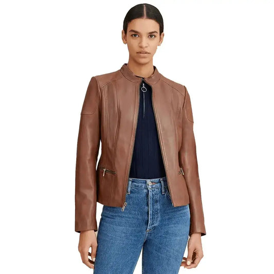 Women’s Brown Leather Biker Jacket – Mandarin Collar Style-0