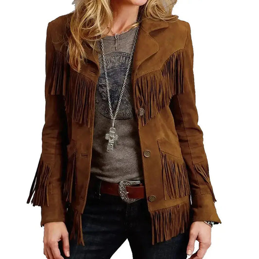 Women’s Brown Suede Fringe Leather Jacket-0